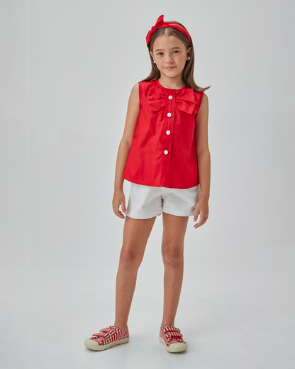 Conjunto Infantil Bata Algodão Laço Vermelha e Shorts Branco - Beabá