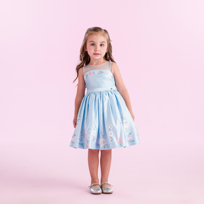 Vestido Infantil Festa Tule Azul Flores - Petit Cherie