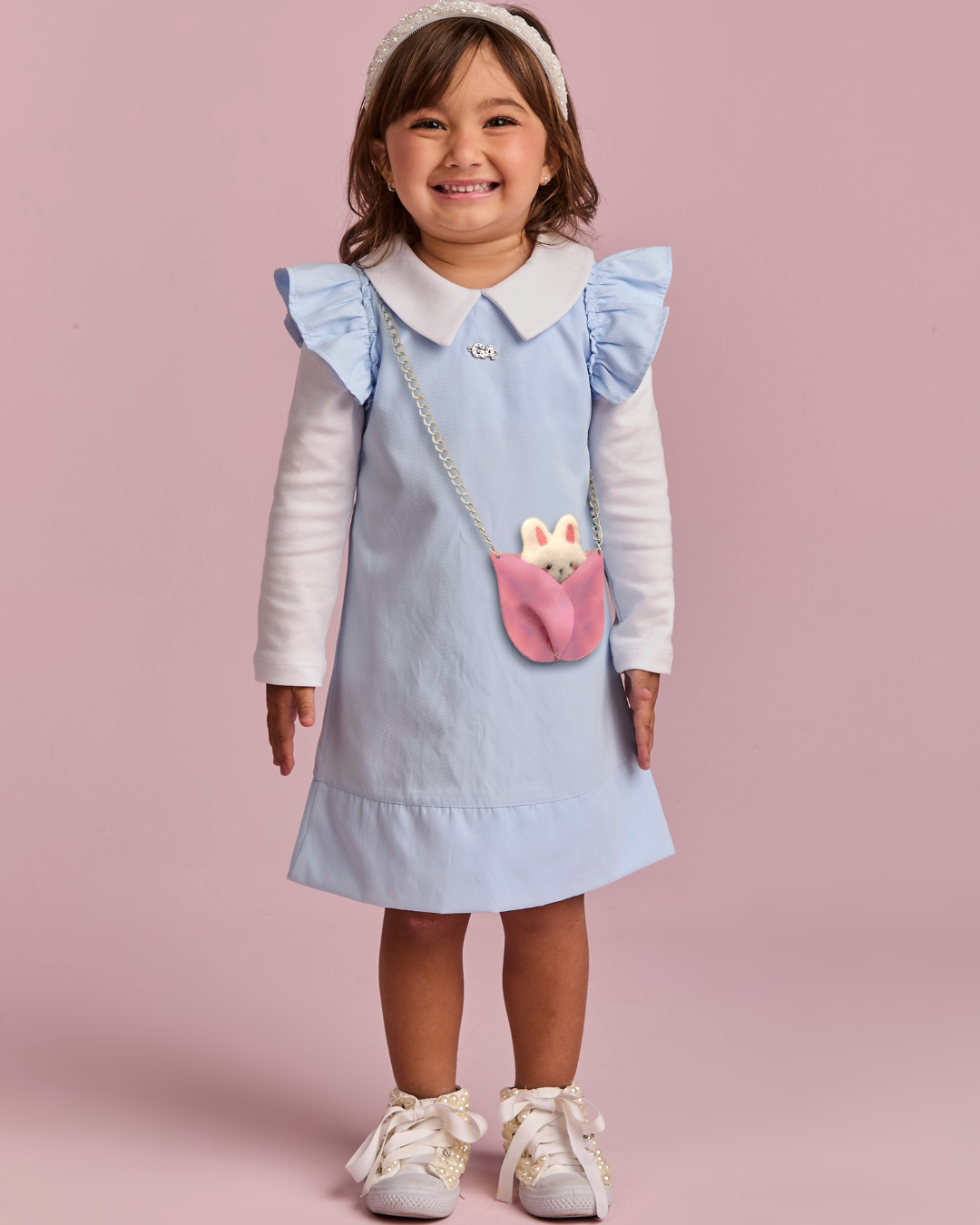Vestido Infantil Algodão Azul com Bolsinha Coelhinho - Gabriela Aquarela