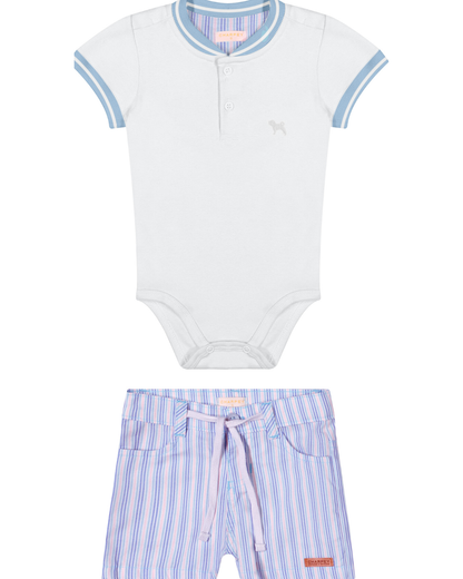Conjunto Bebê Body Bata Golinha Azul e Bermuda Tricoline Listrada - Charpey PRÉ-VENDA