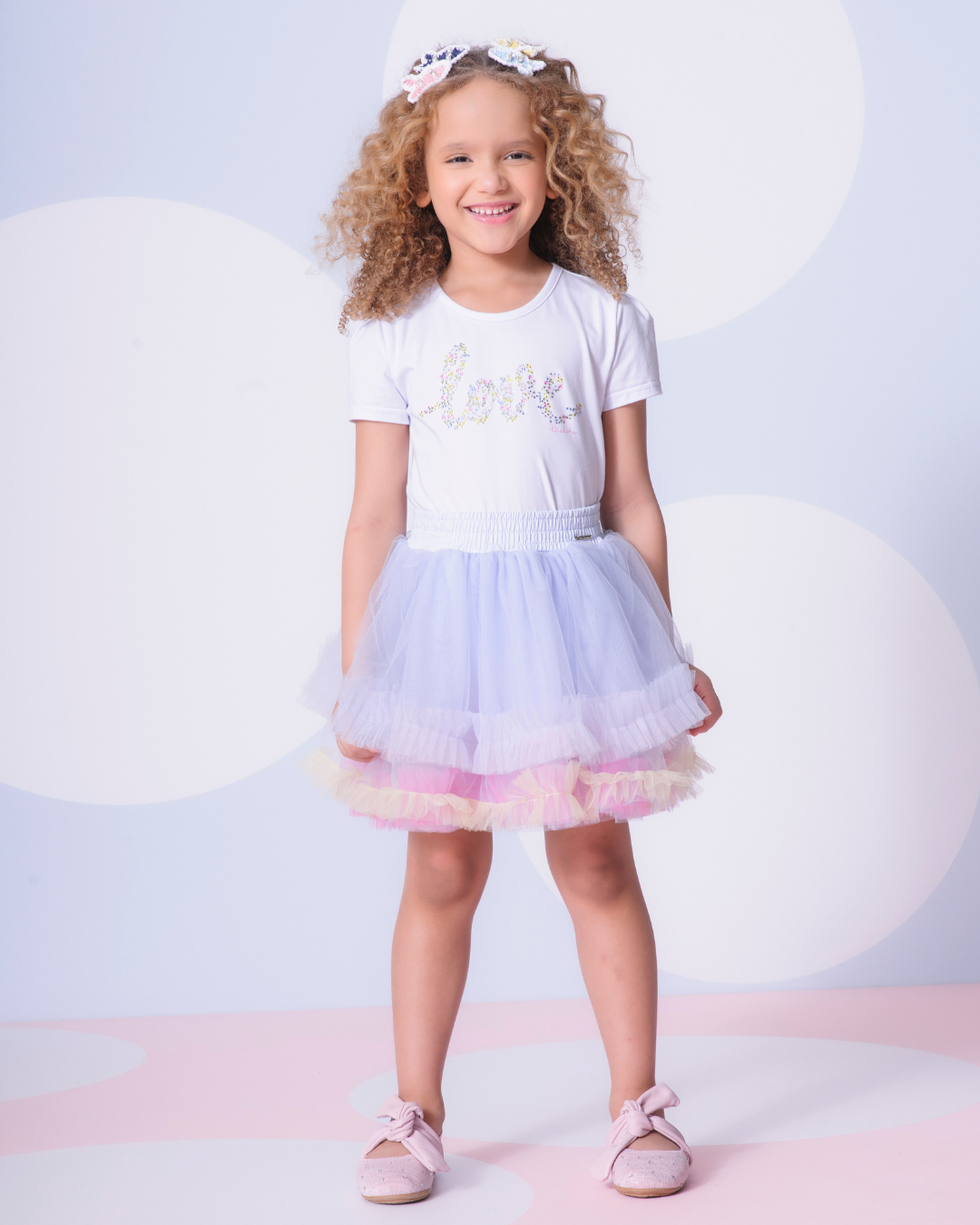 Conjunto Infantil Blusa Algodão Love Floral Cristais e Saia-short Tule Babado Frufru Colorido - Pituchinhus