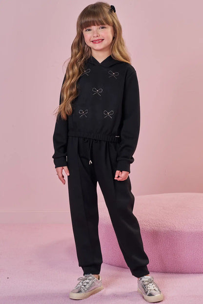 Conjunto Infantil Blusão Boxy Lacinhos Strass e Calça Jogger Tecnonew Preto - Infanti