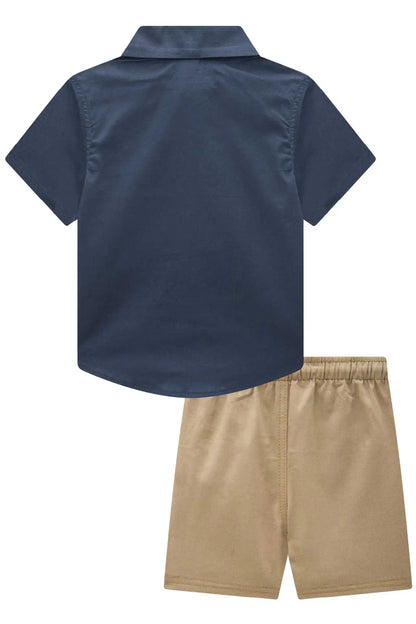 Conjunto Infantil Camisa Tricoline Mônaco e Bermuda Sarja Marinho - Little Johnny