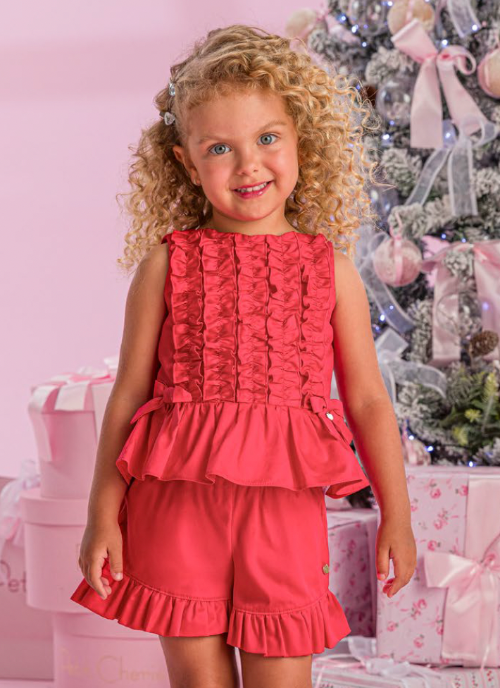 Conjunto Infantil Algodão Vermelho Blusa e Shorts Babados - Petit Cherie