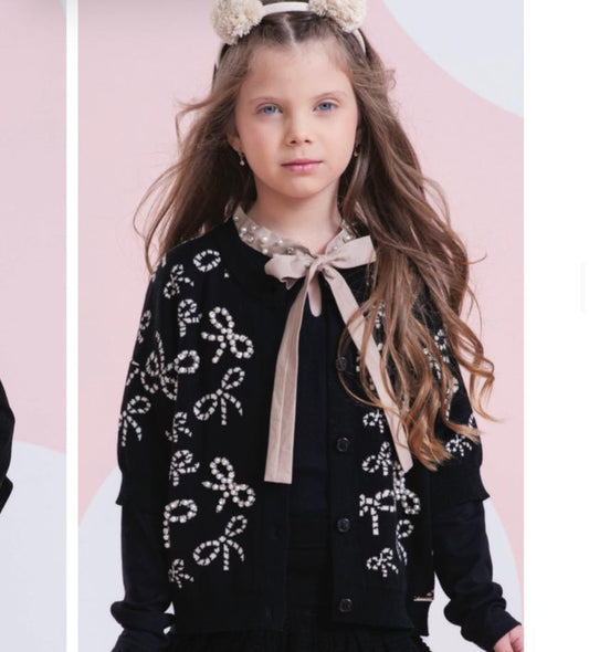 Casaco Infantil Tricot Lacinhos Bordados Pérolas e Cristais Preto - Pituchinhus