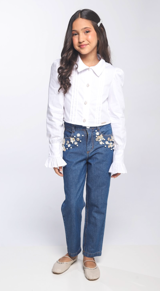 Conjunto Infantil Camisa Branca Algodão e Calça Jeans Bordada Flores Brancas - Luluzinha