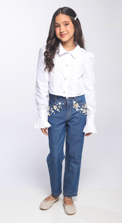 Conjunto Infantil Camisa Branca Algodão e Calça Jeans Bordada Flores Brancas - Luluzinha