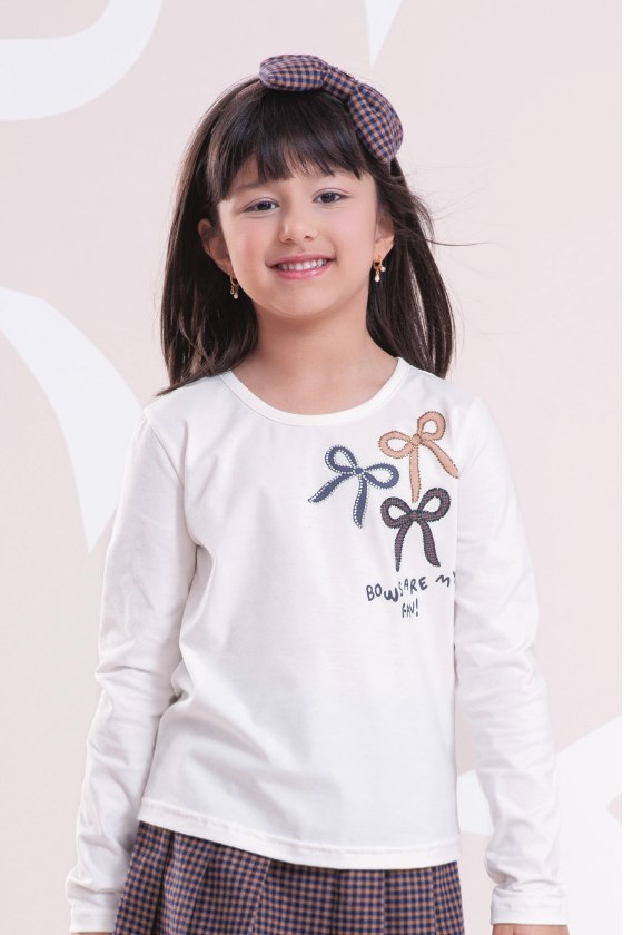 Blusa Infantil Cotton Laços Bows Are My Fav Off  White - Pituchinhus