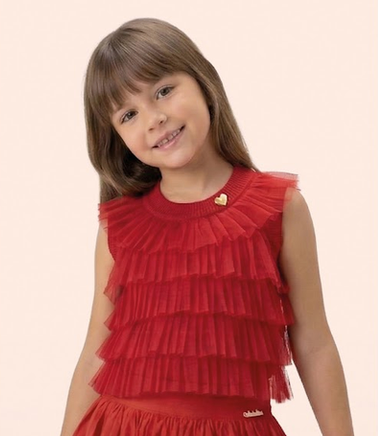 Conjunto Infantil Regata Canelada Vermelha com Babados Shorts Saia Pregas com Acessório - Luluzinha