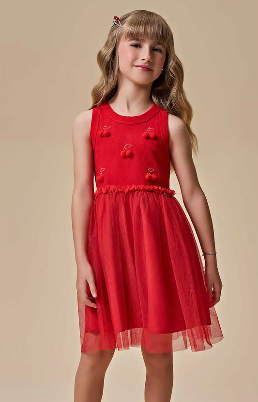 Vestido Infantil Liz Vermelho Com Cereja e Saia Em Tule - Infanti