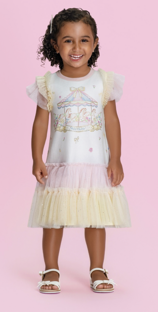 Vestido Infantil Tule Biocolor Estampa Carrossel - Petit Cherie