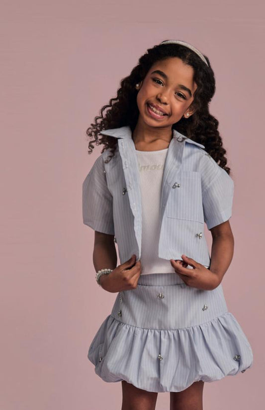 Conjunto Infantil  Saia Com Detalhes  Camisa Listrada Blusa Branca - Gabriela Aquarela