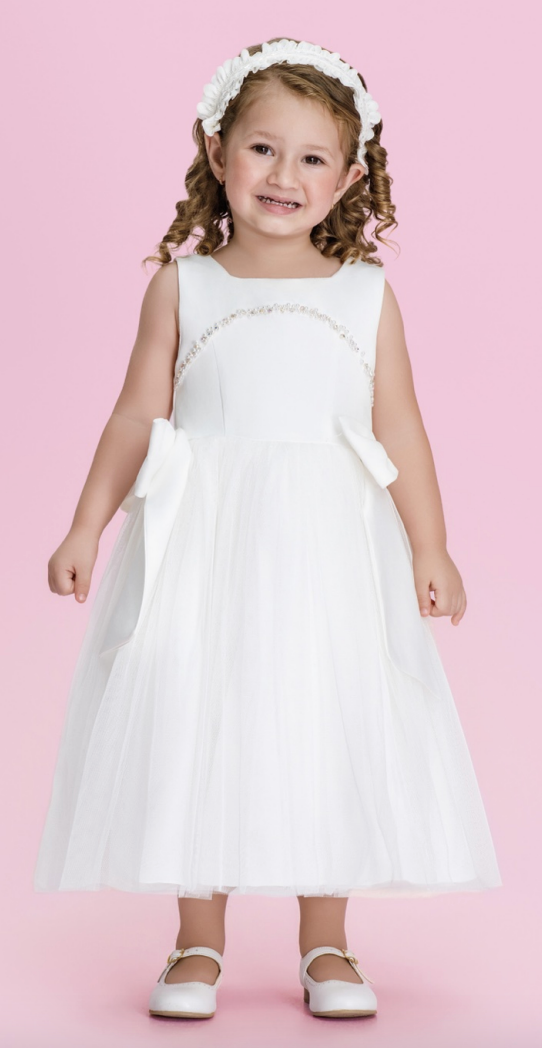 Vestido Infantil Dama Midi Bridal Com Pérolas e Laços - Petit Cherie