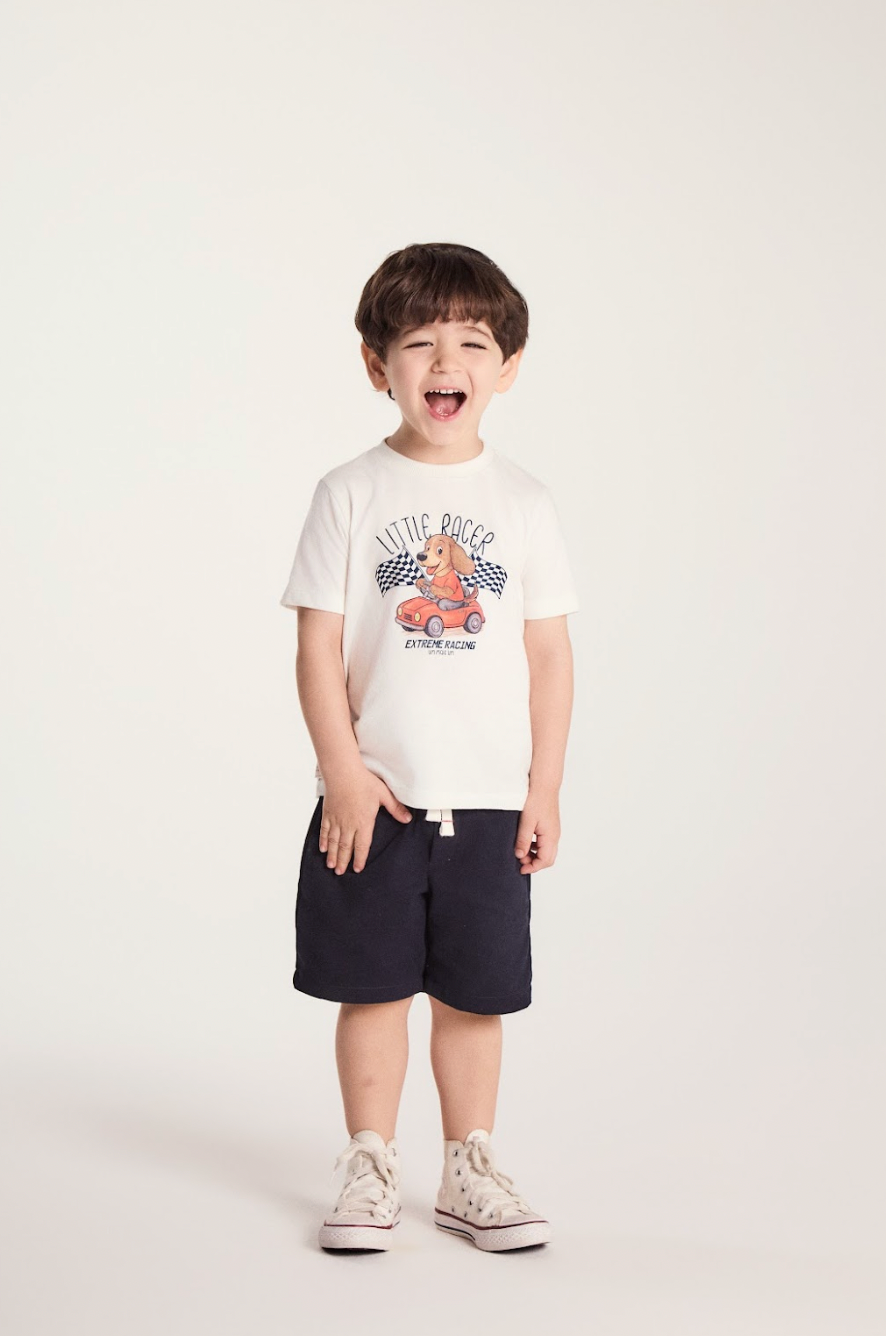 Conjunto Infantil Camiseta Algodão Little Racer e Bermuda Sarja Marinho - Um Mais Um