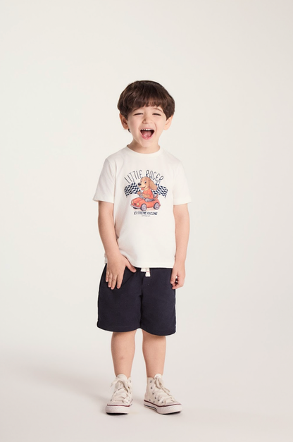Conjunto Infantil Camiseta Algodão Little Racer e Bermuda Sarja Marinho - Um Mais Um