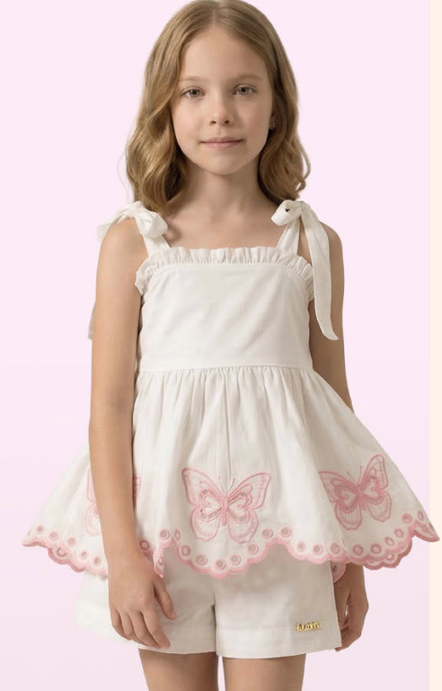 Conjunto Infantil Blusa Com Bordado Rechilieu de Borboleta na Barra e Shorts Tricoline - Luluzinha