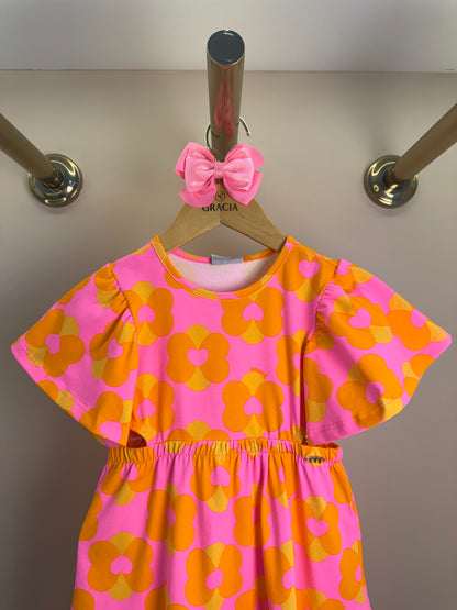 Vestido Infantil Laranja Floral com Saia em Camadas - Momi