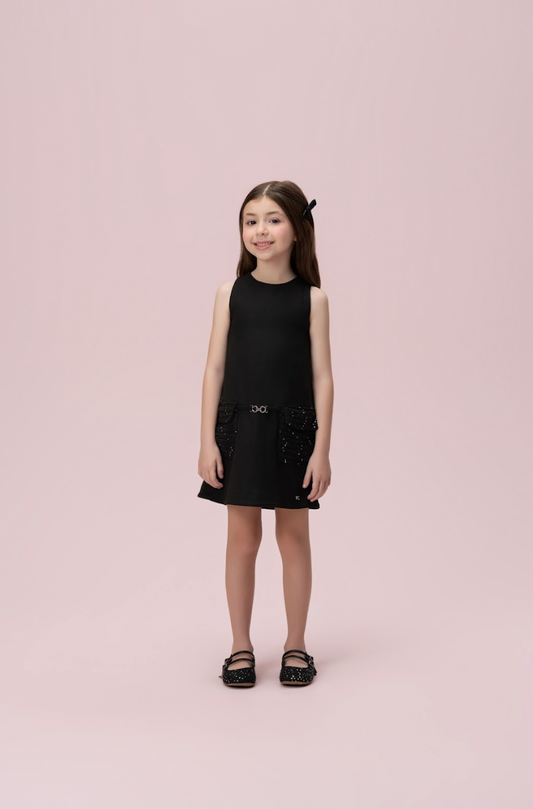Vestido Infantil Trapézio Sarja Bolsos Tweed Paetê Preto - Petit Cherie