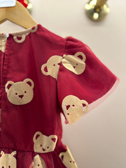 Vestido Infantil Tule Ursinhos Bordô - Momi