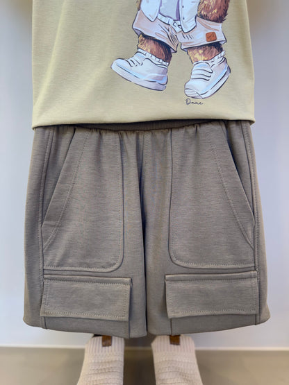 Conjunto Infantil Camiseta Algodão Teddy Summer Bege e Bermuda Suedine Elastano Bolsos - Dame