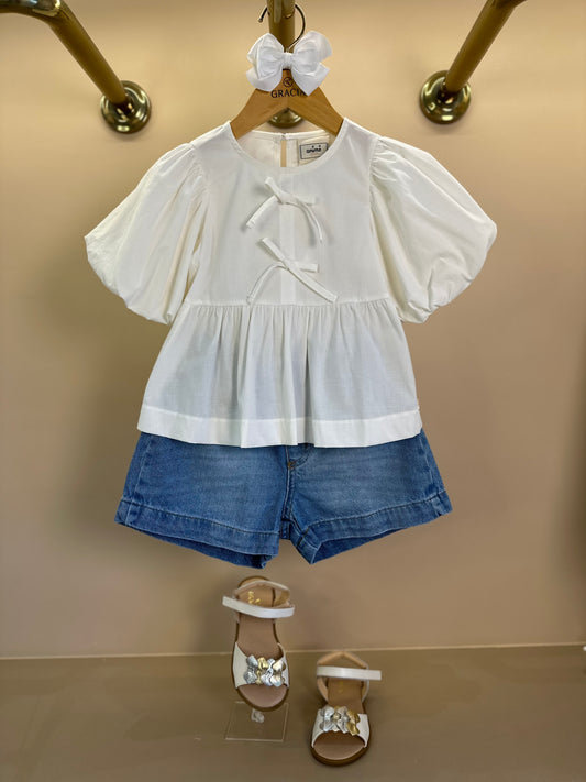 Conjunto Infantil Blusa Laços e Shorts Jeans Petit - Animê