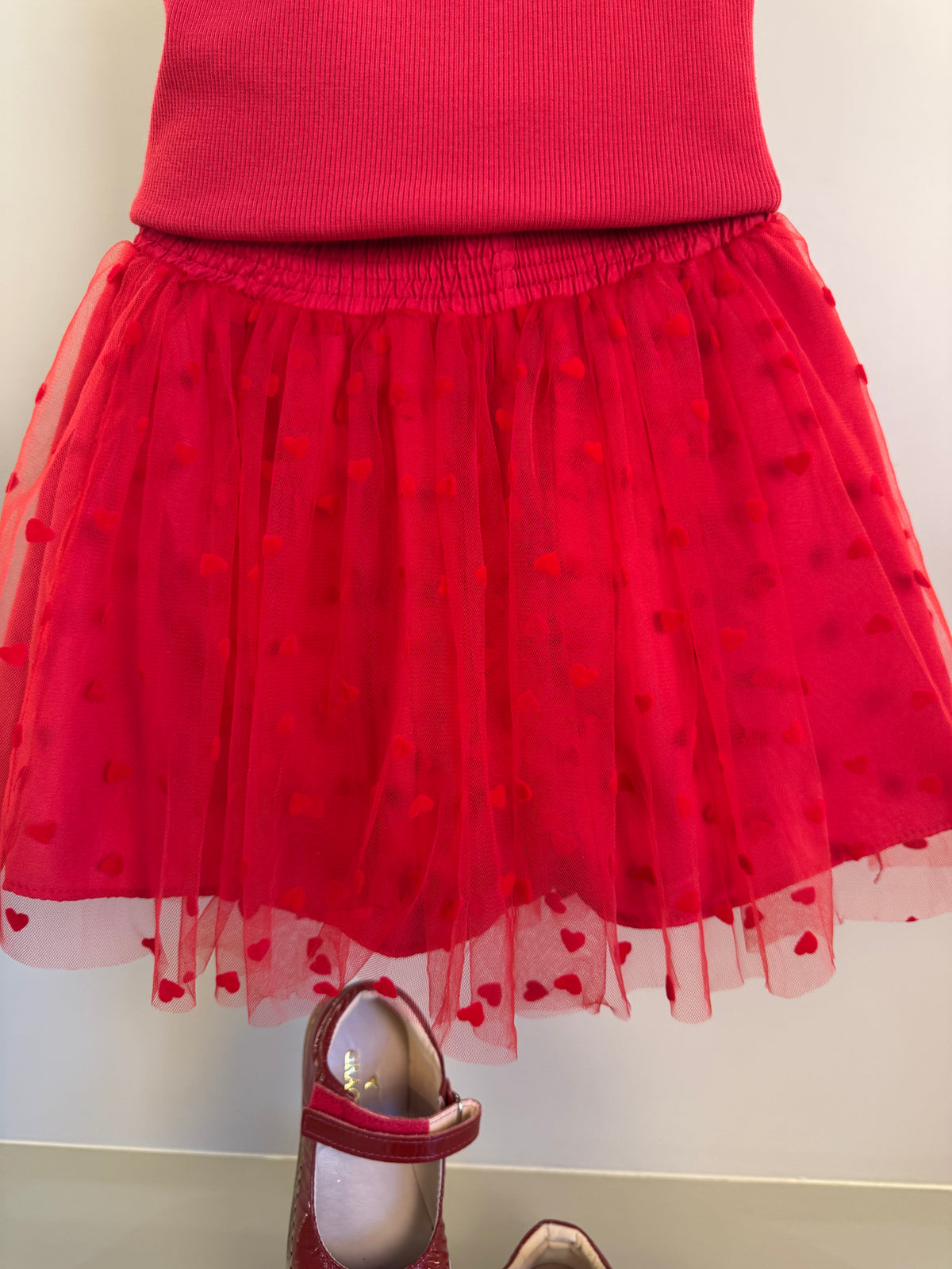 Conjunto Infantil Regata Laço Lateral e Saia Em Tule Flocado Vermelho - Mon Sucre