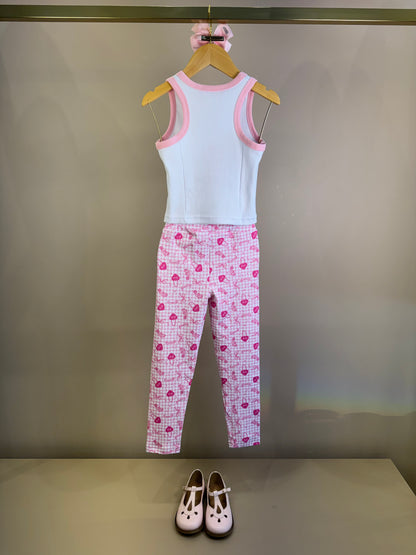 Conjunto Infantil Regata Barbie Cristais Off White e Calça Legging Barbie Rosa Xadrez - Pituchinhus