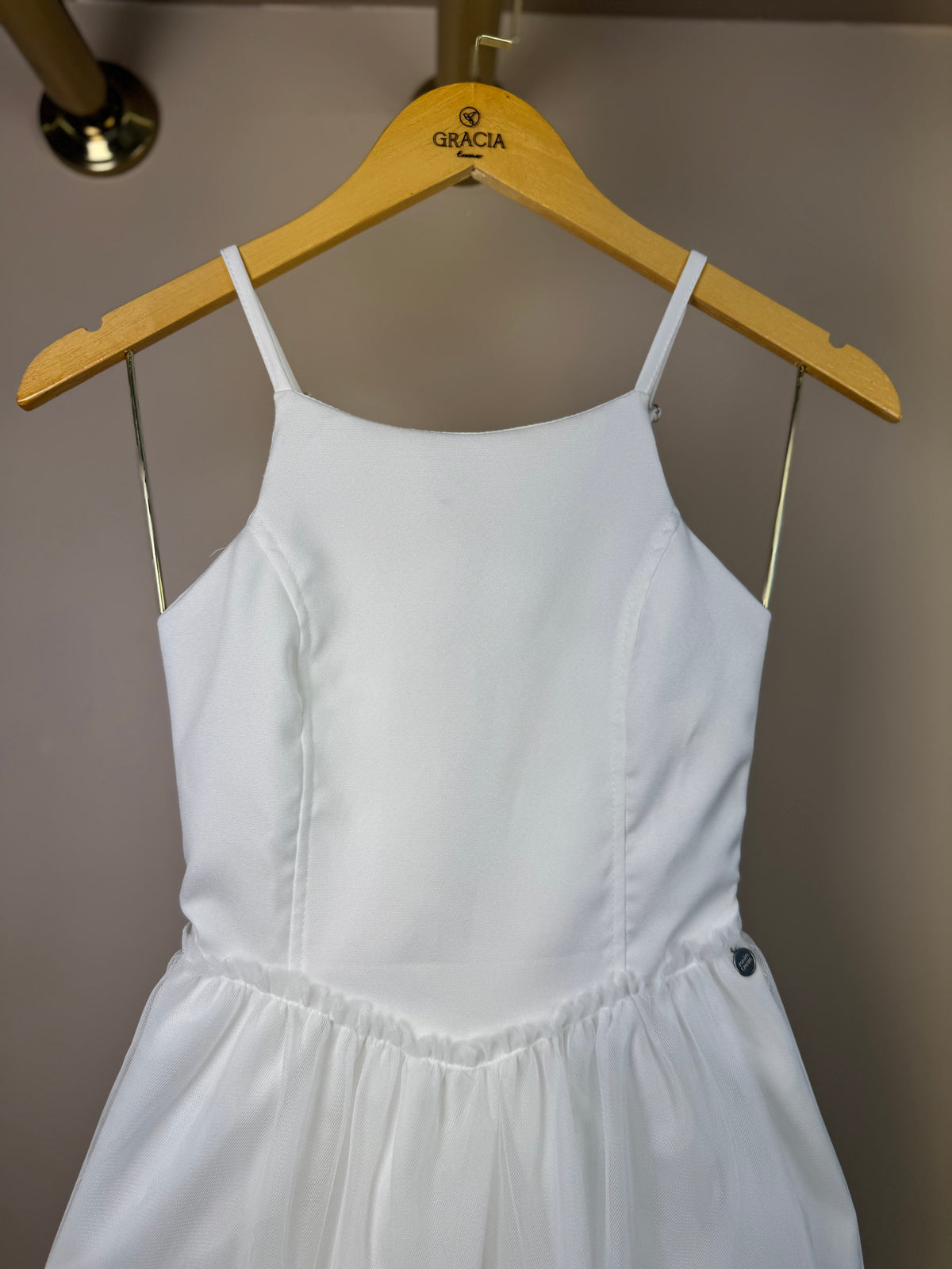 Vestido Teen Off White Com Alças Finas e Saia em Tule - Vanilla Cream