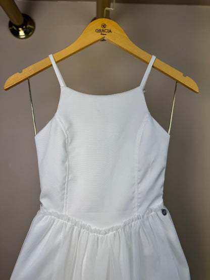 Vestido Teen Off White Com Alças Finas e Saia em Tule - Vanilla Cream