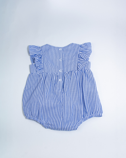 Romper Bebê Algodão Listrado Azul e Bordado Flores - Um Mais Um