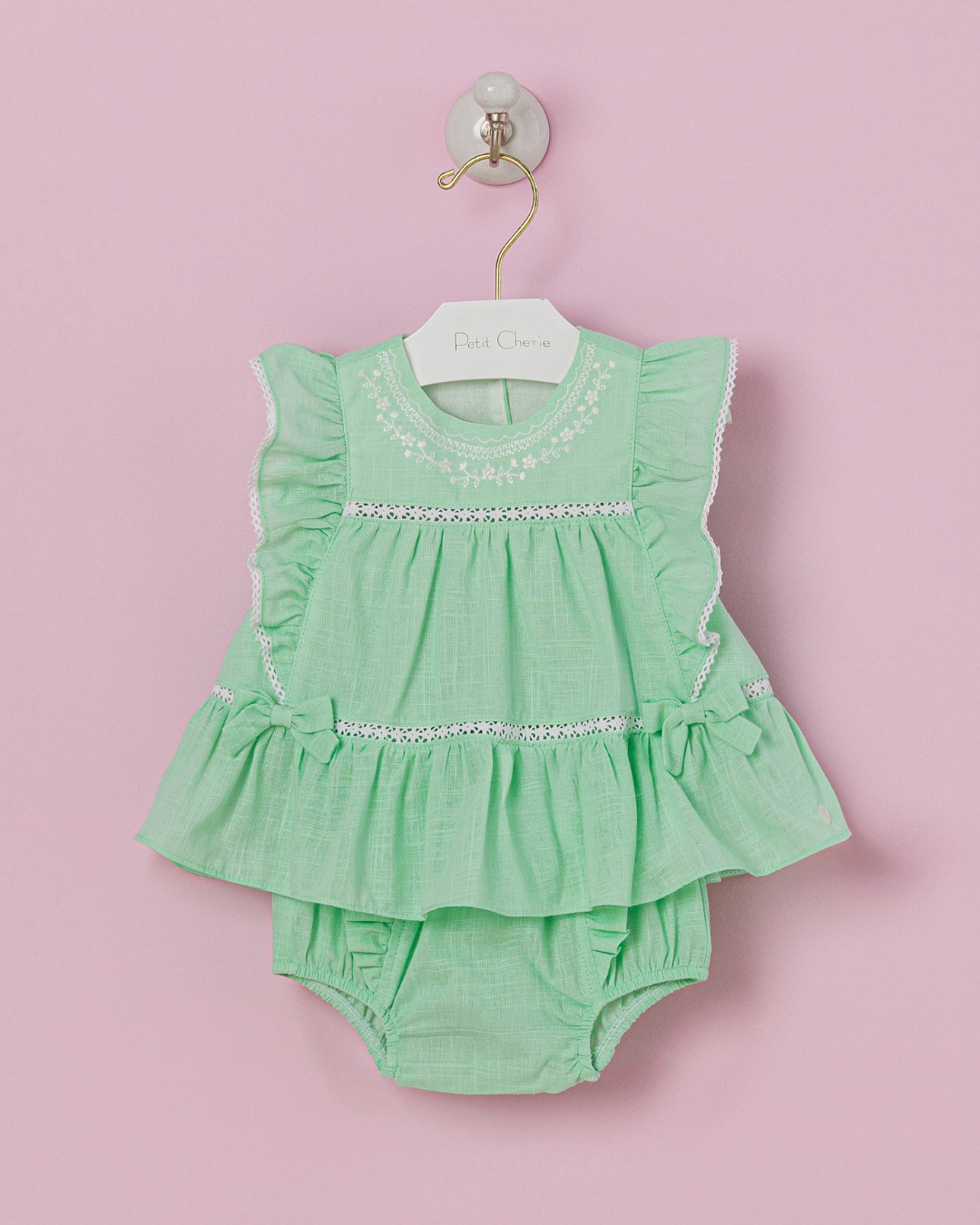 Conjunto Bebê Algodão Bata Bordada e Calcinha Verde Claro - Petit Cherie