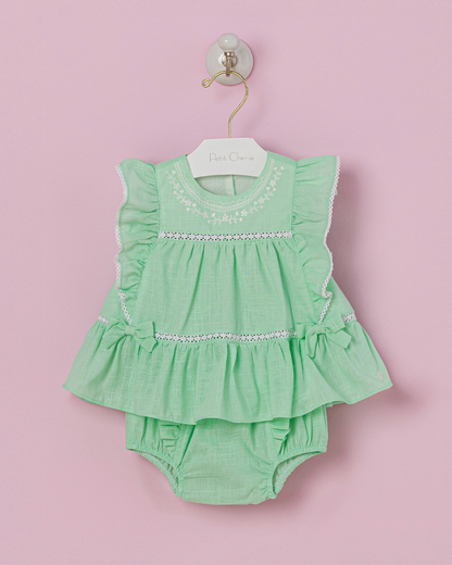 Conjunto Bebê Algodão Bata Bordada e Calcinha Verde Claro - Petit Cherie