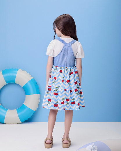 Conjunto Infantil Blusa Mangas Balonê e Salopete Cerejinha Jeans - Momi