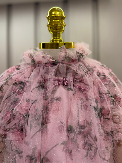 Vestido Infantil Festa Princesa Tule Floral Rodado Rosa - Luluzinha