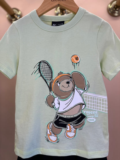 Conjunto Infantil Camiseta Ursinho Tenista e Bermuda Preta - Youccie
