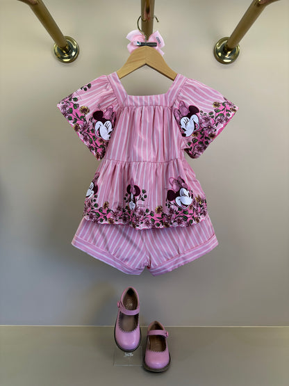 Conjunto Infantil Rosa Listrado Blusa Minnie Floral e Shorts - Animê