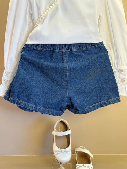 Conjunto Infantil Camisa Babadinhos Punho Pregas Branca e Saia  Jeans Pochete Laço Pérolas - Luluzinha