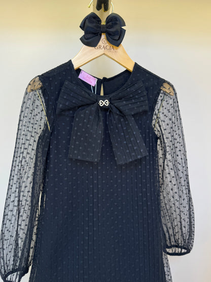 Vestido Infantil Trapézio Tule Plissado Aplicação Laço Preto - Luluzinha