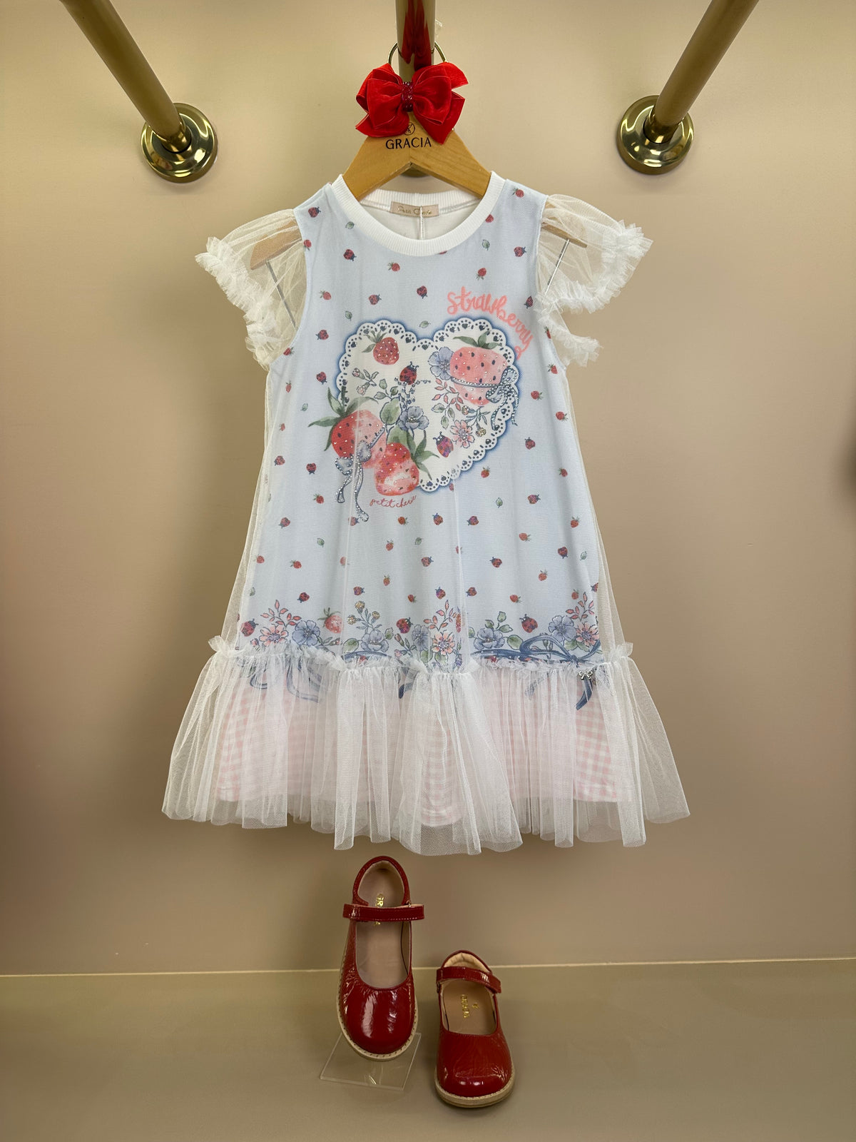 Vestido Infantil Malha Cotton Com Tule Strawberry - Petit Cherie