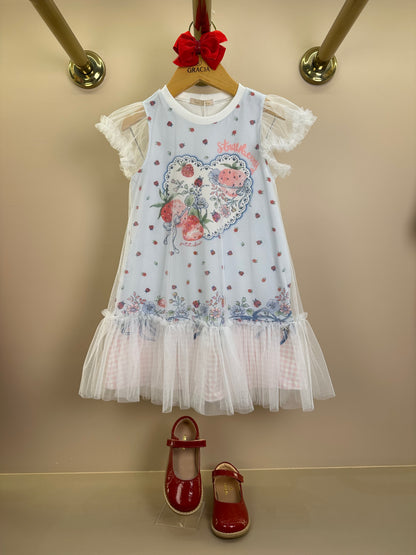 Vestido Infantil Malha Cotton Com Tule Strawberry - Petit Cherie