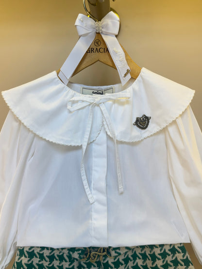 Conjunto Infantil Camisa com Laço na Gola e Saia Tweed Xadrez Verde - Animê