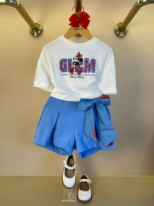 Conjunto Infantil Blusa Infantil Minnie Estampa de Tomate e Saia Shorts Infantil Laço Bordado de Tomate - Animê