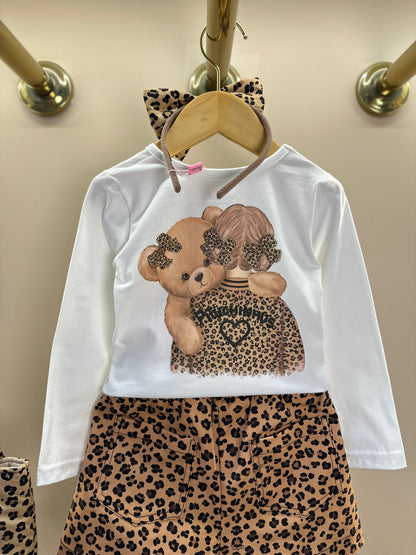 Conjunto Infantil Blusa Ursinha Love e Saia-shorts  Sarja Babadinho Oncinha - Pituchinhus