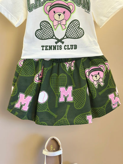 Conjunto Infantil Blusa Champion Tennis Club Pérola e Shorts Verde Musgo - Momi Mini