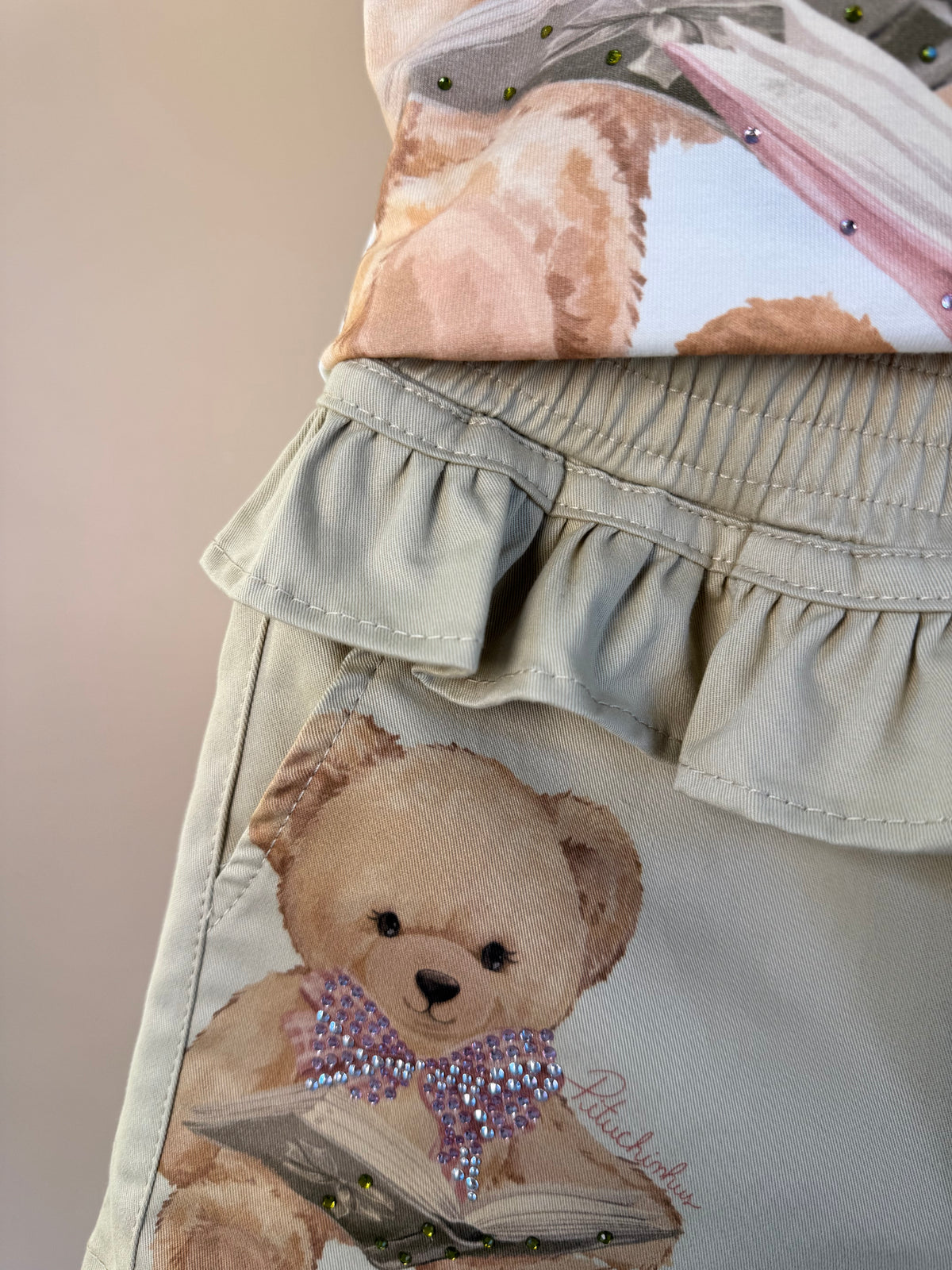 Blusa Infantil Cotton Ursinhas Laços de Cristais e Short Infantil Sarja Babados Ursinhos e Cristais - Pituchinhus
