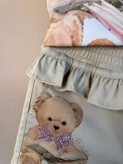 Blusa Infantil Cotton Ursinhas Laços de Cristais e Short Infantil Sarja Babados Ursinhos e Cristais - Pituchinhus