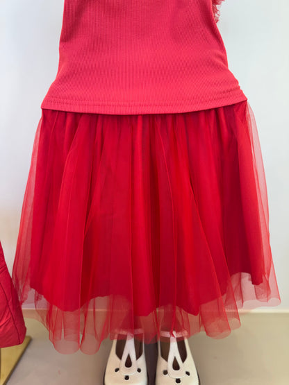 Conjunto Infantil Blusa Tule Frufru e Saia Midi Lacinhos Bordados - Pituchinhus
