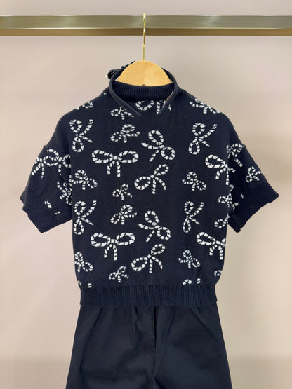 Conjunto Infantil Casaco Tricot Lacinhos Bordados Pérolas e Cristais e Calça Sarja Reta Laços Bordados Bolsos Preta - Pi