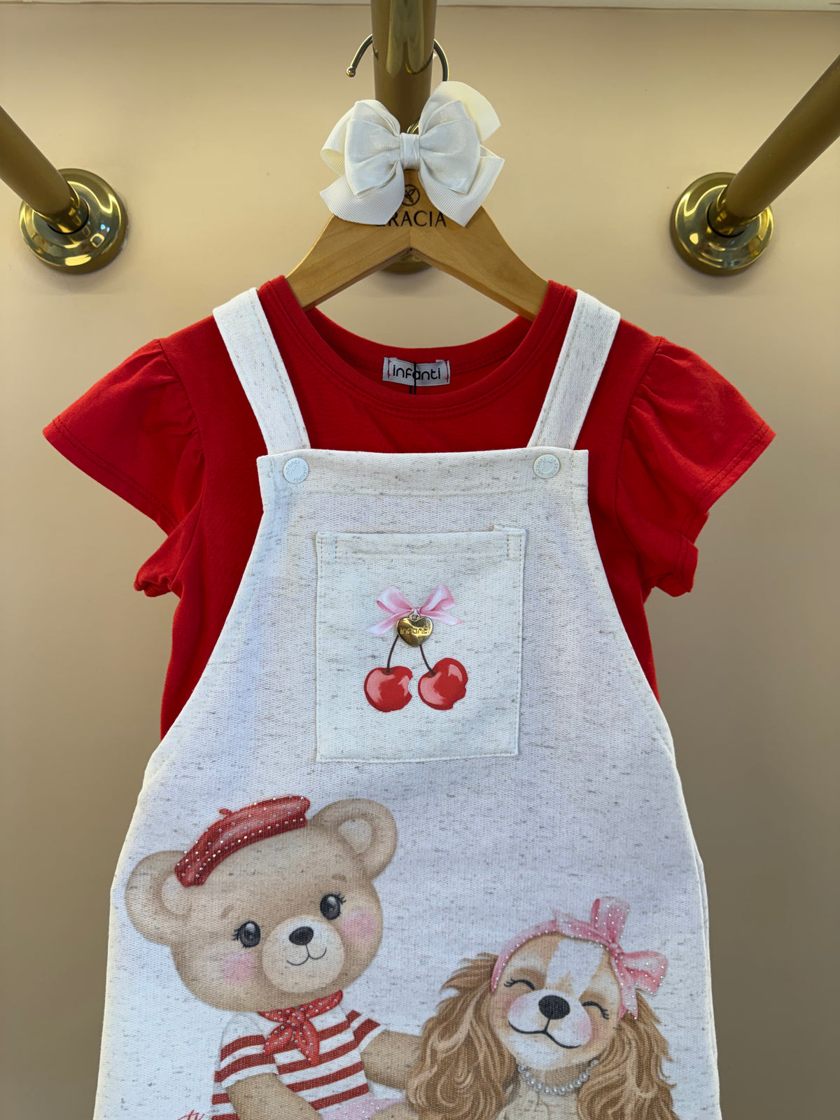 Salopete Infantil Estampada Ursa e Blusa Vermelha - Infanti