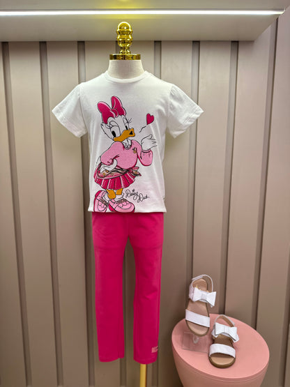 Conjunto Infantil Blusa Daisy  Lenço Coração e Legging  Rosa - Momi